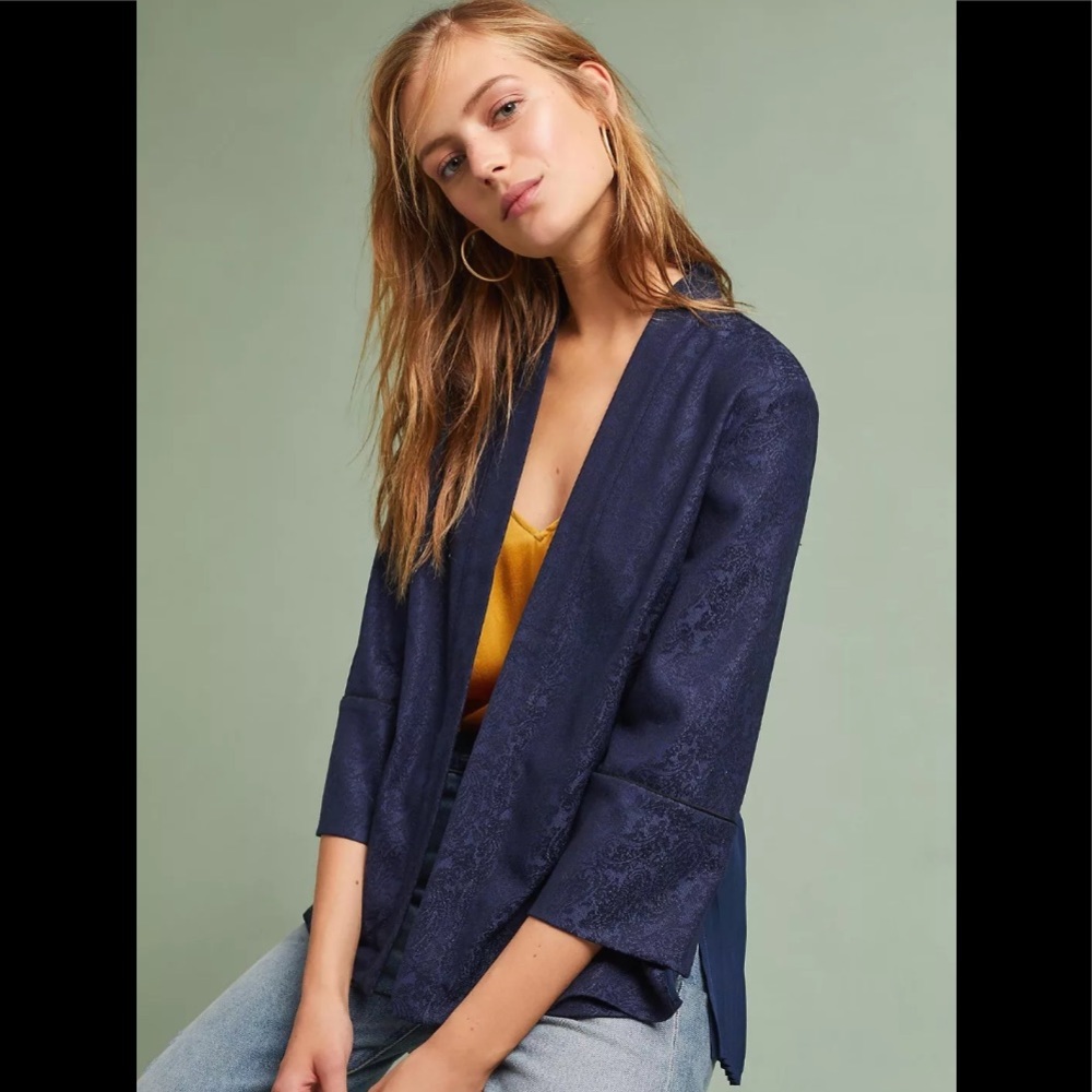 Anthropologie paisley pleated back navy blazer